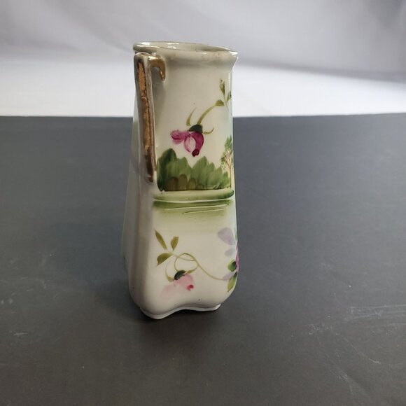 Vintage Nippon Vase Porcelain Painted Floral Design with Handles 5'' Tall - Picture 6 of 9